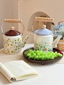 Vintage European Style + Architectural Painting Pattern/Bicolor Blue Lid + Cylindrical Body Shape + Wooden Heat-Resistant Handle + Even Heat Conduction/Large Capacity Water Storage + Retro Architectural Style Kettle + Suitable For Family Gatherings & Festivals, Afternoon Tea Preparation, Daily Kitchen Cooking - View 8