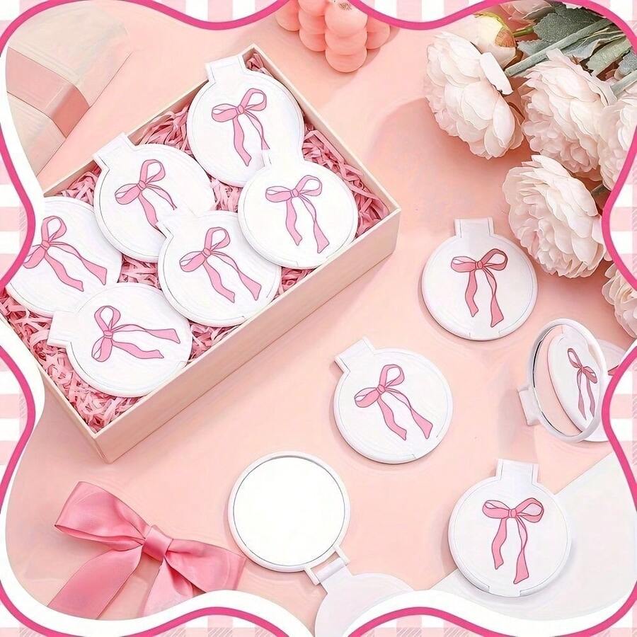 2pcs Pink Bow Mini Pocket Mirrors, Compact And Portable, Suitable As Gifts For Women, Birthday, Bride, Party, Or Valentine's Day - C - 查看 1