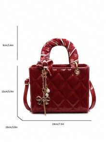Faux Leather Solid Color Diamond Quilted Stitching Mini Square Bag, Women Casual Handbag Tote Crossbody Bag With Tassel - Red - View 3