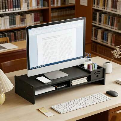 1pc Computer Monitor Riser Stand, Multifunctional Desktop Storage Box Pen Holder, Office Desk Monitor Shelf