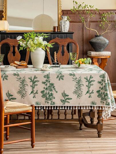 1件浅绿色植物流苏桌布，农舍风格长方形茶巾，适合野餐、家居装饰、派对，四季皆宜