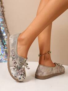 女士刺绣珍珠蝴蝶结休闲运动鞋，舒适日常通勤鞋，中国风，春秋季 - 咖啡棕 - 查看 5