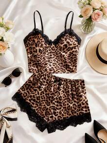 Hourtrue 2pcs Women's Sexy Leopard Print Pajama Set, Including Adjustable Strap Deep V-Neck Bow Decor Top And Leopard Print Lace Trim Shorts, Comfortable And Charming Sleepwear Set. - Brown - View 12