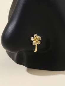 1pc Rhinestoned Flower Shape U-Type Nose Clip Non-Piercing Nose Ring, Daily Wear For Women - 金色 - 查看 1