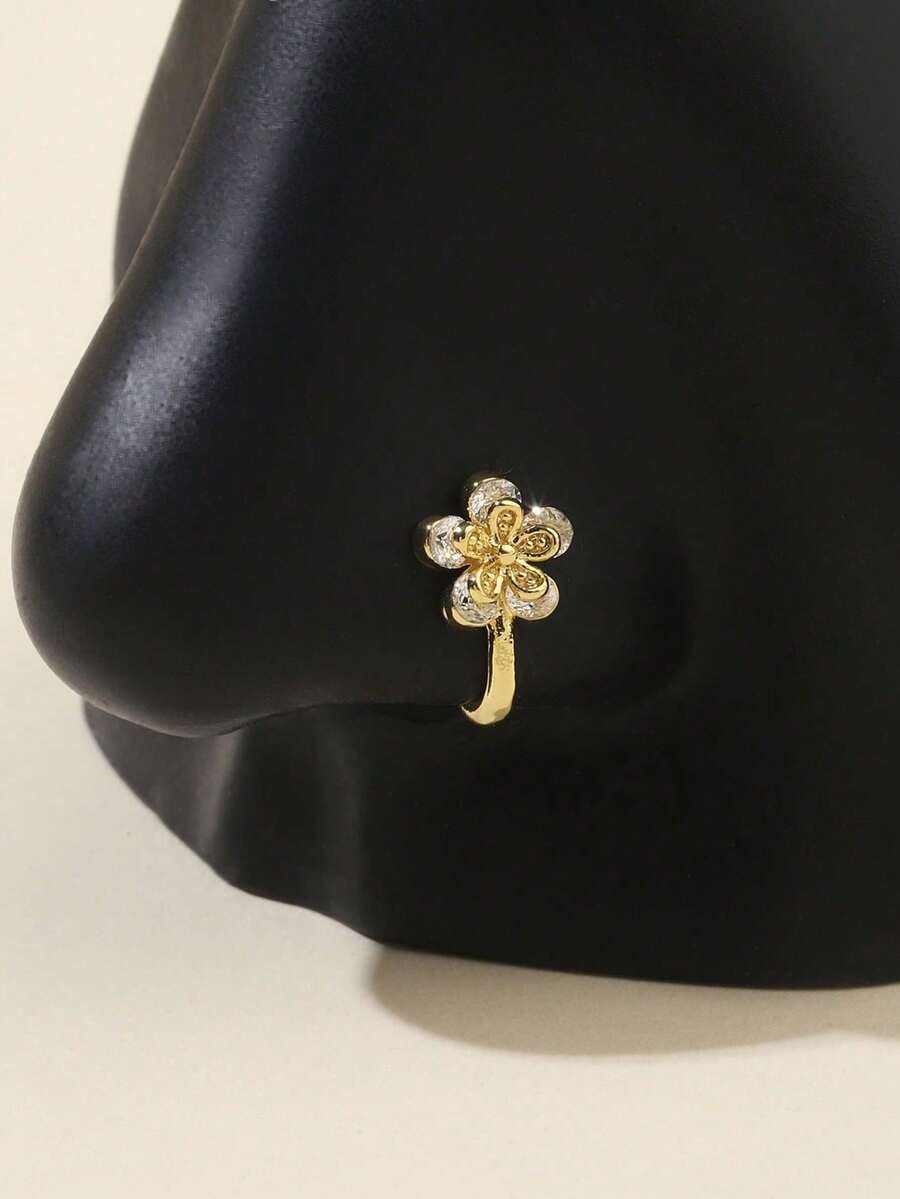 1pc Rhinestoned Flower Shape U-Type Nose Clip Non-Piercing Nose Ring, Daily Wear For Women - 金色 - 查看 1