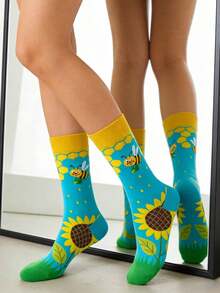 1 Pair Women's Socks, Sunflower & Bee Design Mid-Calf Socks, Casual Versatile Socks, Unisex, Suitable For All Seasons Including Summer - Multicolor - View 6