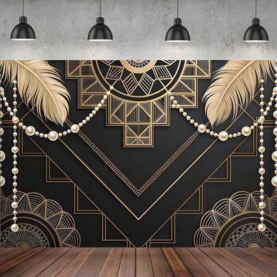 1 tấm phông nền phong cách nhạc Jazz, thiết kế màu đen và vàng, trang trí sang trọng cổ điển cho bữa tiệc nhạc Jazz thập niên 1920, với họa tiết lông vũ và ngọc trai trang nhã, thiết kế hình học đen và vàng nổi bật, phù hợp làm phông nền chụp ảnh cho sinh nhật, đám cưới, kỷ niệm và trang trí tiệc theo chủ đề. Chủ đề retro thập niên 1920 với các sọc đen và vàng trên nền màu be/xám/đen.