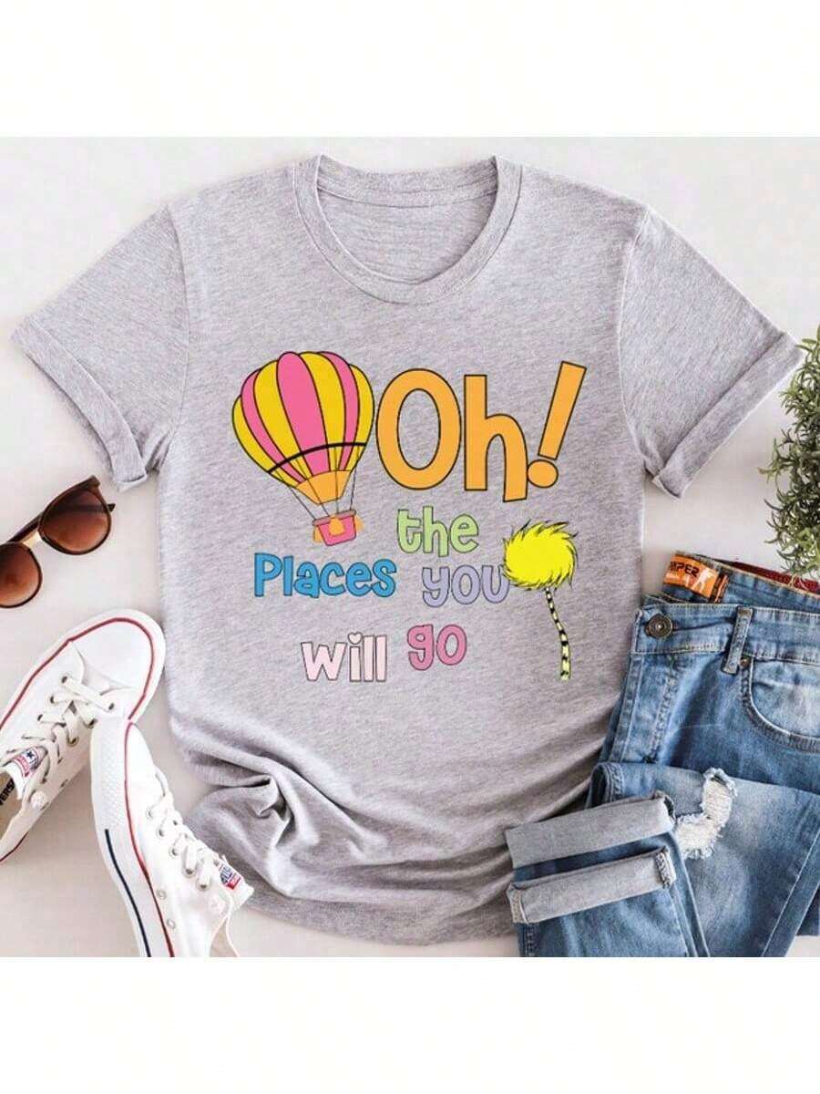 Cute Shirt Seuss Day Shirt, Cat In The Hat Shirt, 100 Dagen School Shirt, Leraarleven, Lezing Vrienden Seuss Shirt, Funny Shirts Seuss-Shirt,Oversized Workout Shirts Short Sleeve, Round Neck - 灰色 - 查看 1
