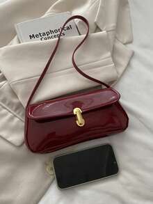 Lacquered Stylish Shoulder Handbag, Fashionable French Baguette Bag, Chic Lock Closure Shoulder Bag - Red - View 2