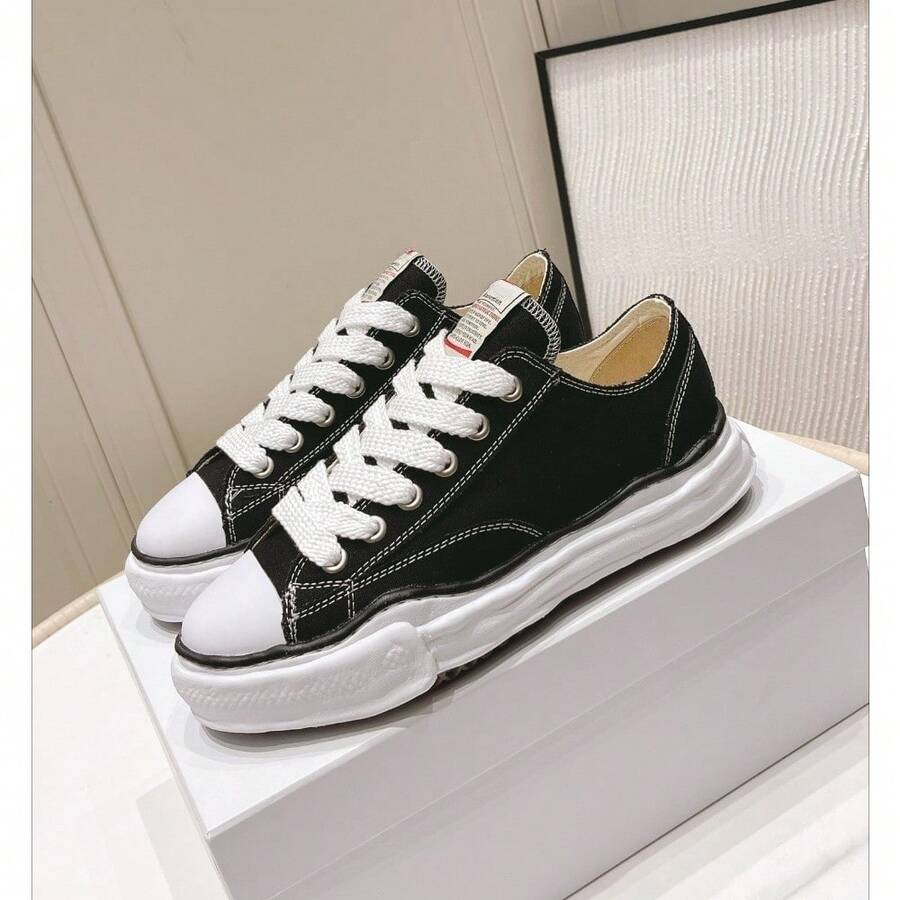2026 MMY New Women's Retro Classic Platform Canvas Shoes With Irregular Dissolved Design, Women's Thick-Soled Platform Shoes, Wear-Resistant Women's Casual Sports Shoes, Versatile Style, Suitable For Commuting, Dating, Shopping, Classic Casual Shoes With Good Elasticity, Designer's Favorite Women's Sports Canvas Shoes - 黑白. - 查看 1