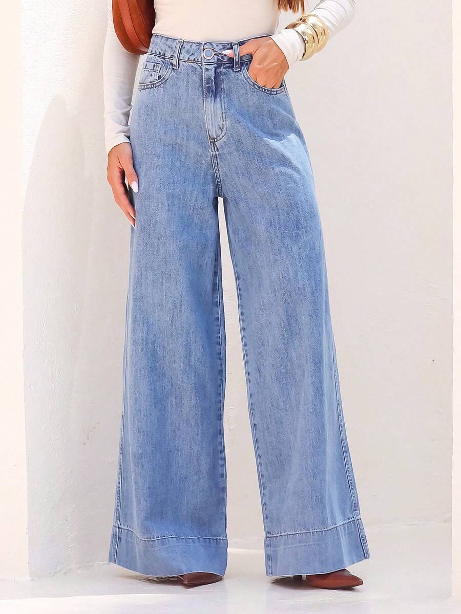 Manon Store Women's Dark Blue High-Waisted Wide-Leg Jeans - 淺色水洗藍 - 查看 1