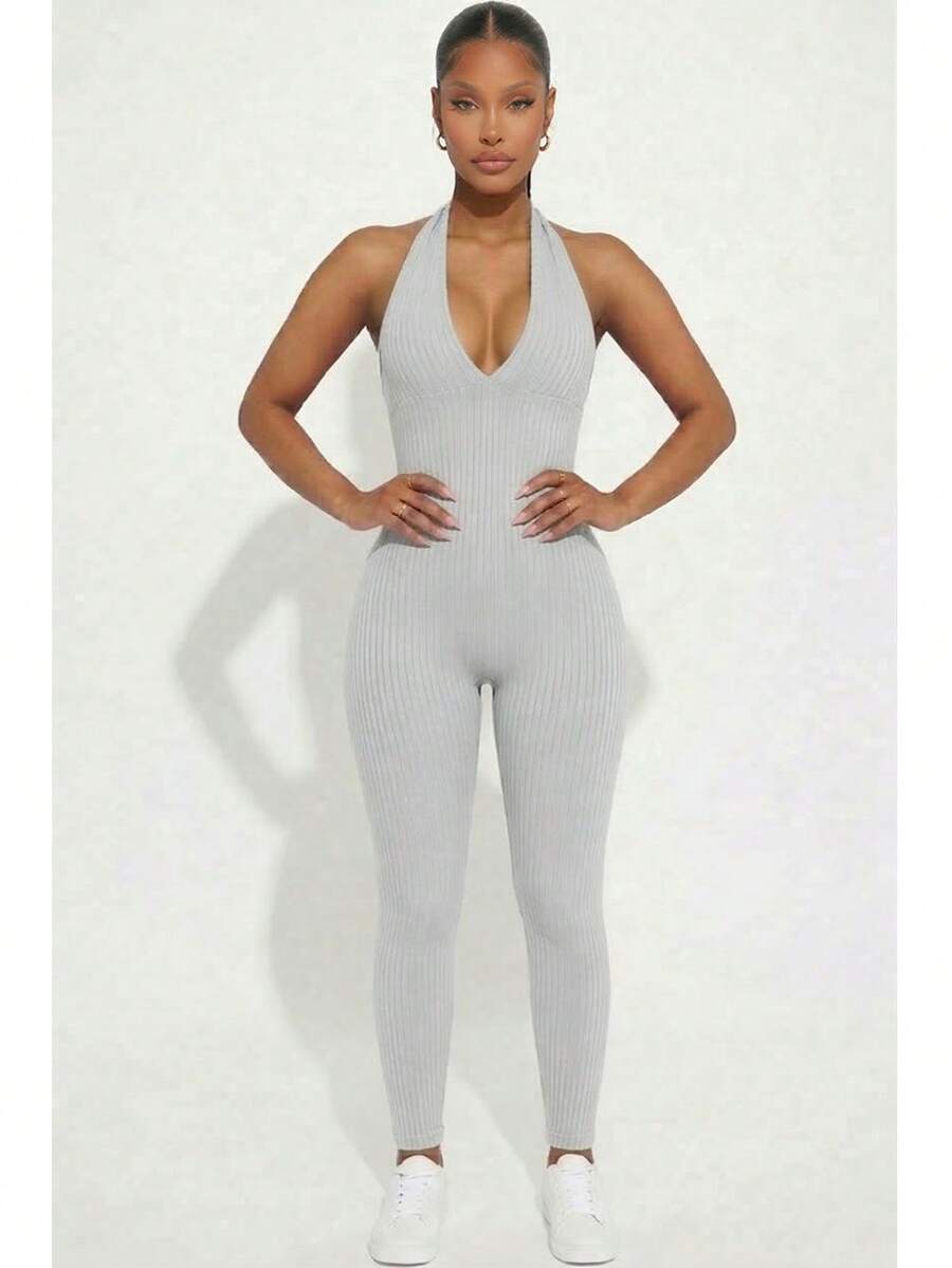 Women's Rib Knit Halter V-Neck Bodycon Jumpsuit - Casual Solid Color, Slim Fit Summer Jumpsuit, Polyester, Machine Washable - Grey - View 1