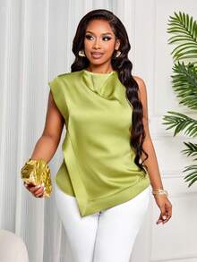 BIUBIU Top pour femmes grande taille vert olive en satin avec col drapé, sans manches, dos nu, décoration de boutons, ourlet asymétrique, élégant pour le travail, les fêtes et les rendez-vous d'été - Vert - Voir 4