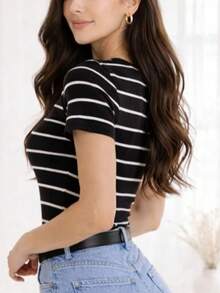 Women's Basic Ribbed Cotton Striped Blouse - Black - View 2