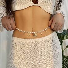 3pcs Fashionable Beach Style Women's Waist Chain With Shell, Starfish & Faux Pearl Pendant, Elegant Casual Body Chain - Yellow Gold - View 2