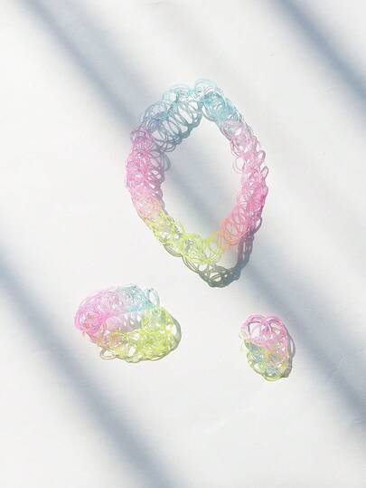3pcs Women's Vintage Colorful Ombre Fishline Tattoo Hollow Necklace, Bracelet And Ring Set