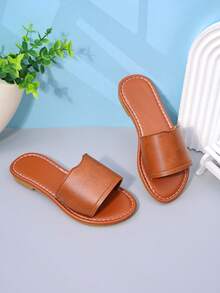 女童白色单带平底凉鞋，简约露趾休闲夏季童鞋 - 棕色 - 查看 2