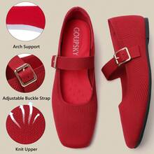 Knit Flats For Women Square Toe Slip On Casual Ballet Flats With Adjustable Strap Soft Foldable Mary Jane Shoes For Dressy Office Work Daily - 紅色 - 查看 4