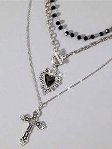 3pcs Vintage Gothic Style Beaded Black Heart OT Chain, Punk Rock Retro Sweet Goth Cross Necklace, Dark Gothic European & American Y2K Choker Necklace Design   European American Style Stackable Clavicle Chain Jewelry Suitable For Daily Wear Streetwear Party Date Night Vacation Casual Outfit Ideal Gift For Girlfriend Sister Friend Holiday Present - 銀色 - 查看 1