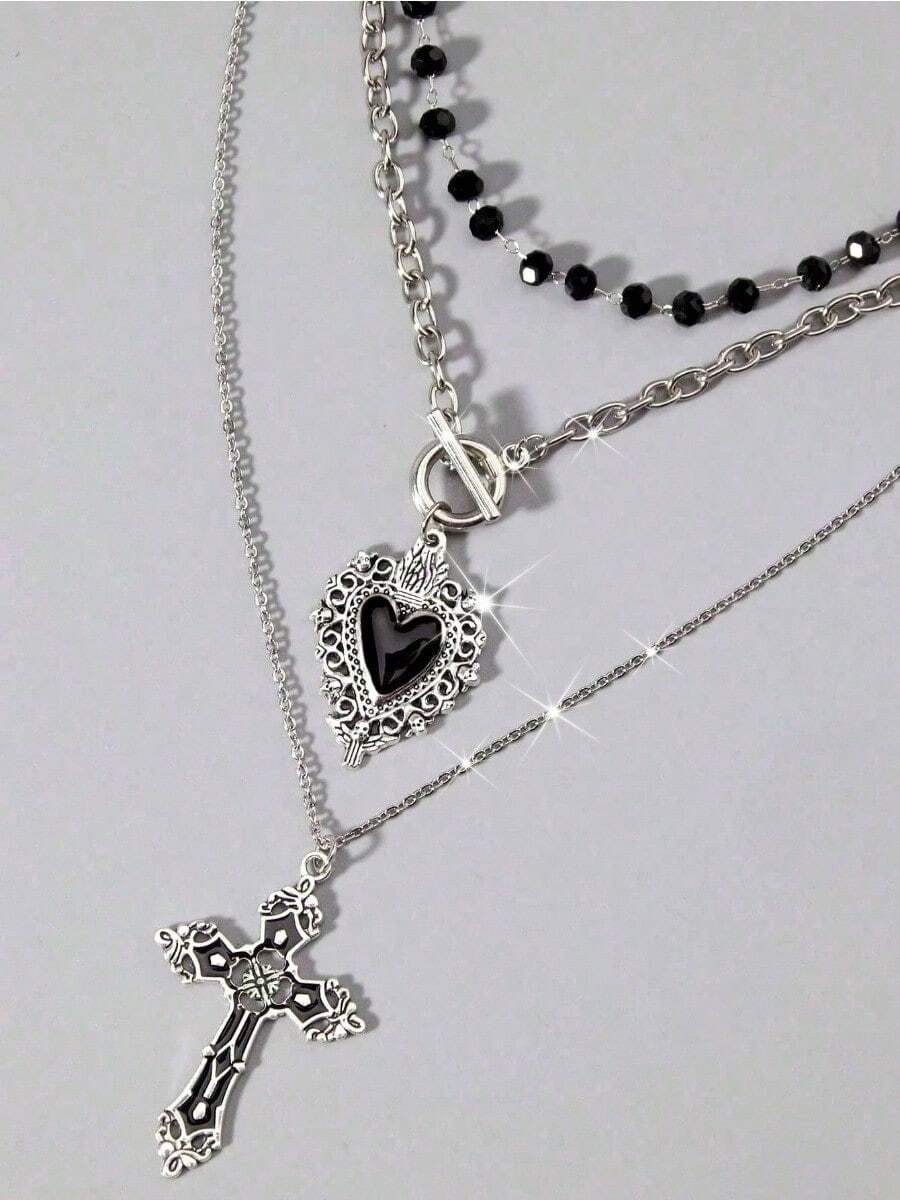 3pcs Vintage Gothic Style Beaded Black Heart OT Chain, Punk Rock Retro Sweet Goth Cross Necklace, Dark Gothic European & American Y2K Choker Necklace Design   European American Style Stackable Clavicle Chain Jewelry Suitable For Daily Wear Streetwear Party Date Night Vacation Casual Outfit Ideal Gift For Girlfriend Sister Friend Holiday Present - 銀色 - 查看 1