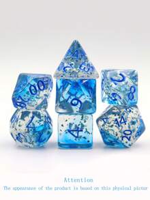7件套水晶风格骰子套装 多面体桌面游戏骰子 角色扮演游戏骰子 - 淺藍色 - 查看 6