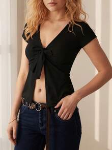 Women's Deep V-Neck Short Sleeve Bow Tie Front Cropped Semi-Sheer Knit Top - Black - View 9