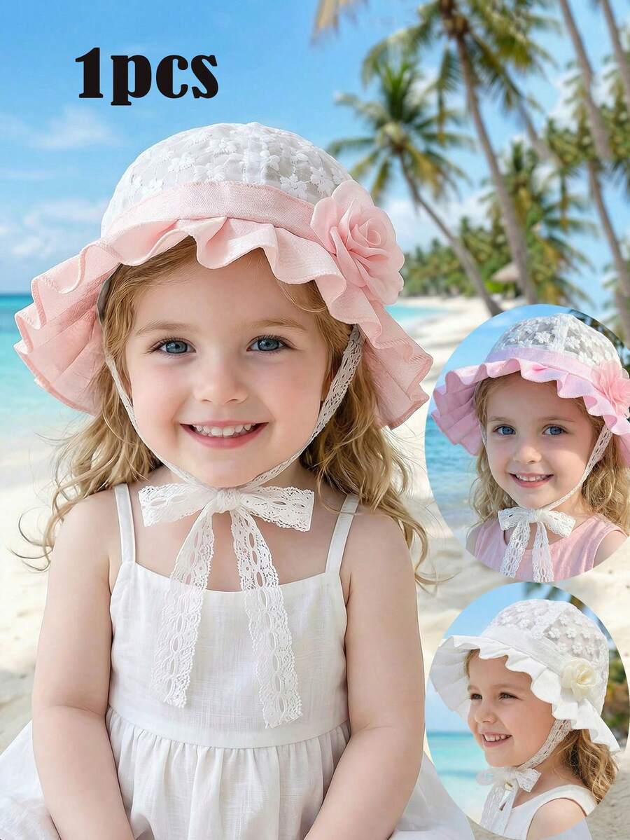 1顶白色蕾丝花童遮阳帽，透气防紫外线公主风刺绣儿童帽 - 1PC - 查看 1