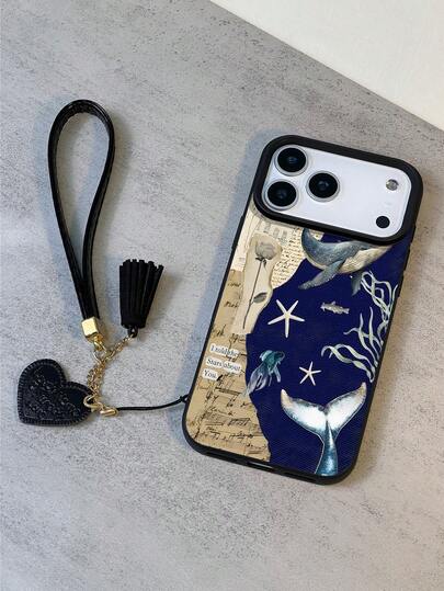 1pc Fashionable Vintage Ocean Element Collage Newspaper Pattern Litchi Texture Shockproof Anti-Slip Soft Phone Case + Heart-Shaped Lanyard, Suitable Compatible With Apple, Phones