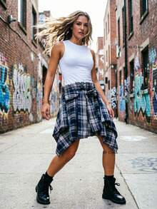 新款格子系带半身裙，朋克风春夏派对男女通用不对称叠层格子半身裙，性感朋克音乐节派对装扮，美式格子叠层裙摆半身裙 - 彩色 - 查看 2