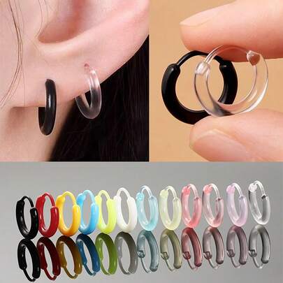 10只树脂耳环，低过敏性透明耳环，耳软骨环，彩色塑料环。