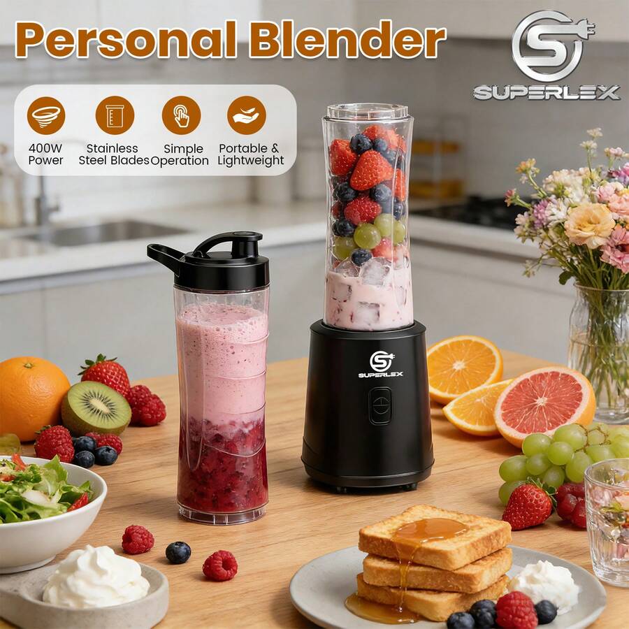 SUPERLEX Portable Blender & Handheld Juicer With One-Touch Quick Juicing - Mini Smoothie Maker Suitable For Smoothies,2 Interchangeable Cups,Easy Carry. Milkshakes,Ice Blends, Fresh Fruit Drinks,For Home, Office,Travel, Outdoor Use, Plastic Container.6-Blade