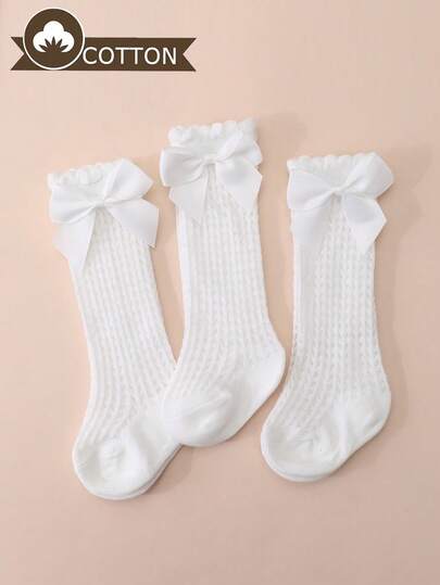 3双装女婴/幼儿甜美蝴蝶结装饰纯色网眼防蚊过膝袜，优雅百搭，适合春夏日常穿着