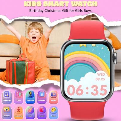 新款智能儿童手表，无线通话，饮水提醒，消息通知，彩色表带，遥控拍照，音乐控制，可自定义表盘，舒适设计，适合儿童和青少年佩戴