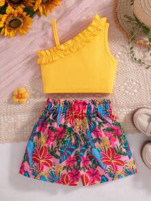 Young Girls Frill Trim Sleeveless Camisole Top + Sunflower Print Bow Shorts Set - Multicolor - View 2