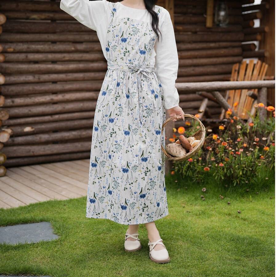 1 chiếc tạp dề in họa tiết hoa lá, kiểu dáng rừng rậm, chất liệu vải lanh, cổ vuông, thắt eo, không tay, thích hợp cho dã ngoại mùa xuân, nấu nướng và sinh hoạt hàng ngày trong nhà bếp. - Hoa xi măng xanh - Xem 1