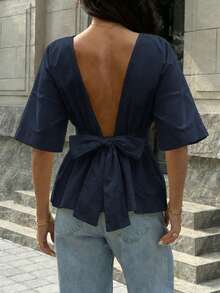 Áo kiểu nữ Look Polly phong cách Y2K, kiểu dáng thường ngày, thắt nơ, hở lưng, tay lửng, thích hợp cho kỳ nghỉ xuân/hè. - Hải quân - Xem 10