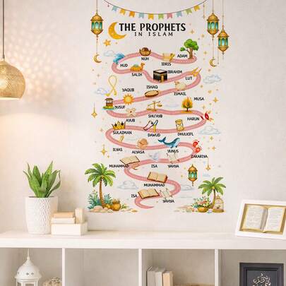1张伊斯兰教25位先知自粘墙贴，适用于卧室、客厅、办公室、餐厅、学校墙面装饰，可撕贴，穆斯林家居装饰，斋月开斋节礼物