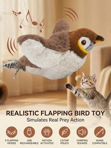 PETSIN Juguete para gatos con pájaro aleteable recargable por USB (sin vuelo), juguete interactivo activado por tacto para ejercitar gatos, perros pequeños y otras mascotas, diseño realista de pájaro - Marrón - Ver 7