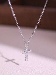 1pc Stainless Steel Cross Pendant Necklace With Zirconia, Suitable For Women's Daily Wear - Bạc - Xem 1