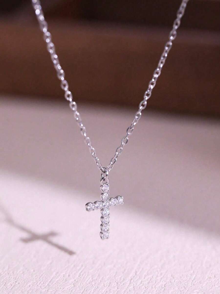 1pc Stainless Steel Cross Pendant Necklace With Zirconia, Suitable For Women's Daily Wear - Bạc - Xem 1