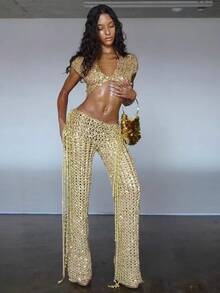 Street Bombing, Dancing, Disco, Banquet, Party, Light Luxury, High-End, Ladies' Temperament, Sexy, Spicy Girl, Hollow Bead Set, Two Pieces - Vàng - Xem 2