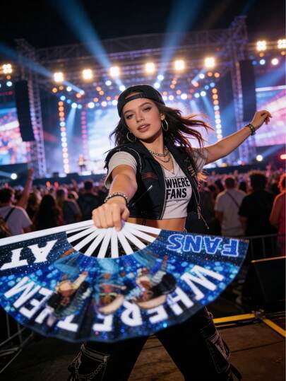 1pc High-End "WHERE THEM FANS AT" Glitter Carnival Folding Fan | Large Foldable Hand Fan | Hip Hop & Streetwear Graphic | Durable Plastic Frame | Suitable For Music Festivals, Nightclubs, Carnival Parties, Streetwear Outfits & Hip Hop Events | Stay Cool And Showcase Bold Fashion | Perfect Gift For Street Style & Hip Hop Culture Enthusiasts