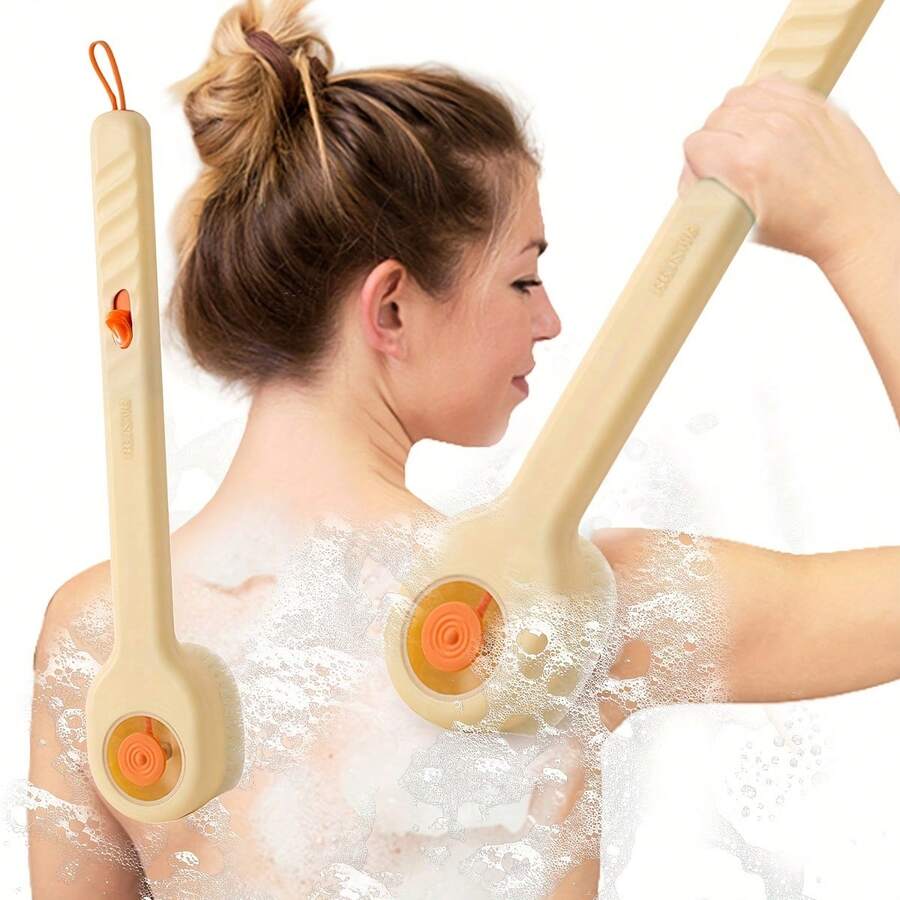 1pc Liquid Refillable Push-Pull Shower Brush, Nylon Bristle Long Handle Back Scrubber, Shower Loofah, Mud Back Brush - Multicolor - View 1