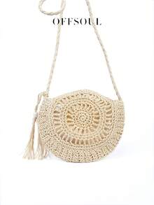 French Vacation Style Floral Straw Bag, Women's Summer Beach Bag, Hollow Shell Half-Round Handmade Woven Bag, Bohemian Tassel Shoulder Bag - Beige - View 3