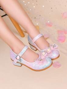 Girls' Glitter Bow High Heel Mary Jane Shoes, Children's Party/Performance/Daily Wear - Pink - View 1
