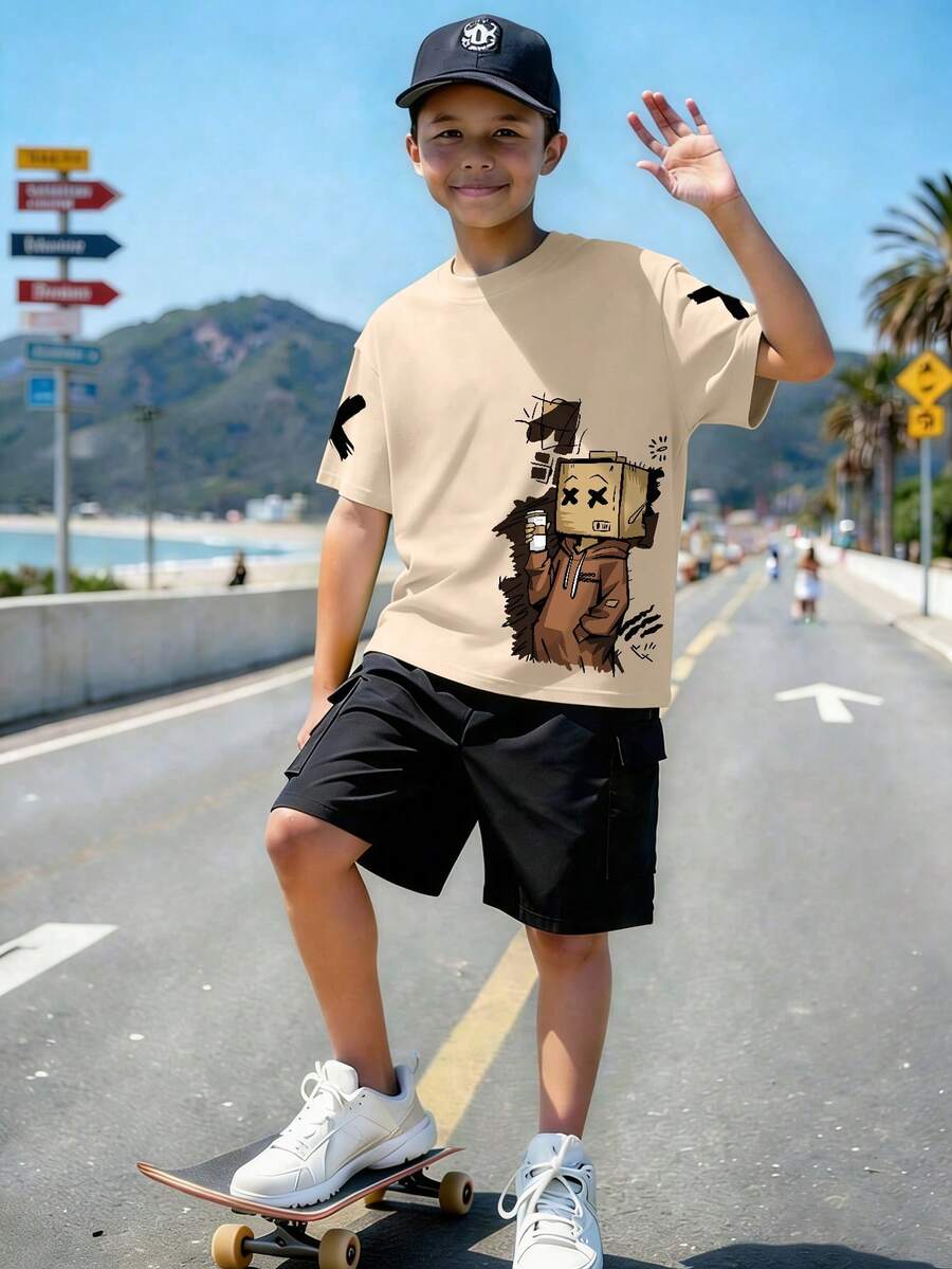 Teenage Boys Cartoon Square Pattern Round Neck Short Sleeve T-Shirt + Cargo Pants Summer New Set - Multicolor - View 1