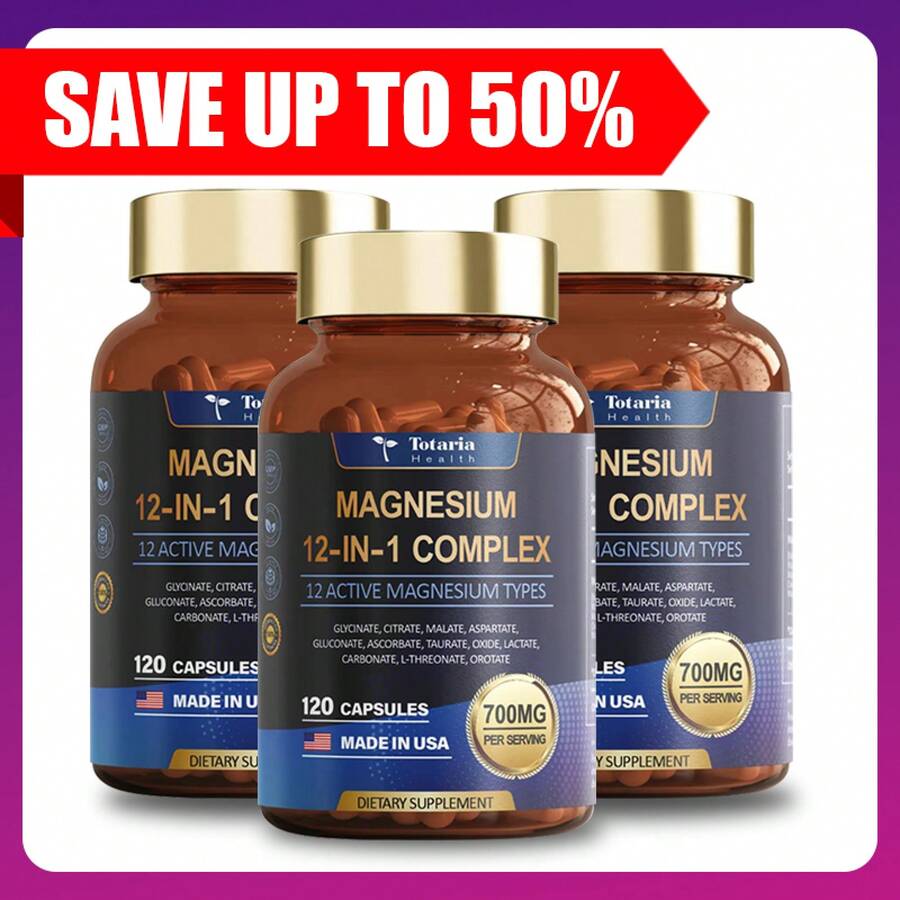 Selling Fast! 12-In-1 Magnesium Complex 700mgSupplement With Glycinate Citrate Malate. Women's Health. - 3 Bottles - View 1