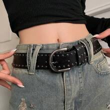 1 pieza Cinturón de piel sintética negra estilo punk para mujer, con remaches de doble hilera, correa versátil para la cintura. - Negro - Ver 4