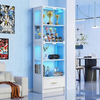 Display Cabinets With Glass Doors - 5 Tier Curio Cabinet With Bottom Drawer And Adjustable Shelves, Glass Display Cabinets For Collectibles, White, Valentine's Day Gift