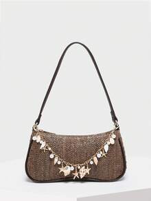 Novachic 简约草编贝壳珍珠海星装饰拉链单肩包/流浪包，适合日常、度假、海滩等场合，轻巧设计，运输过程中可能出现叶片脱落。 - 咖啡 - 查看 4